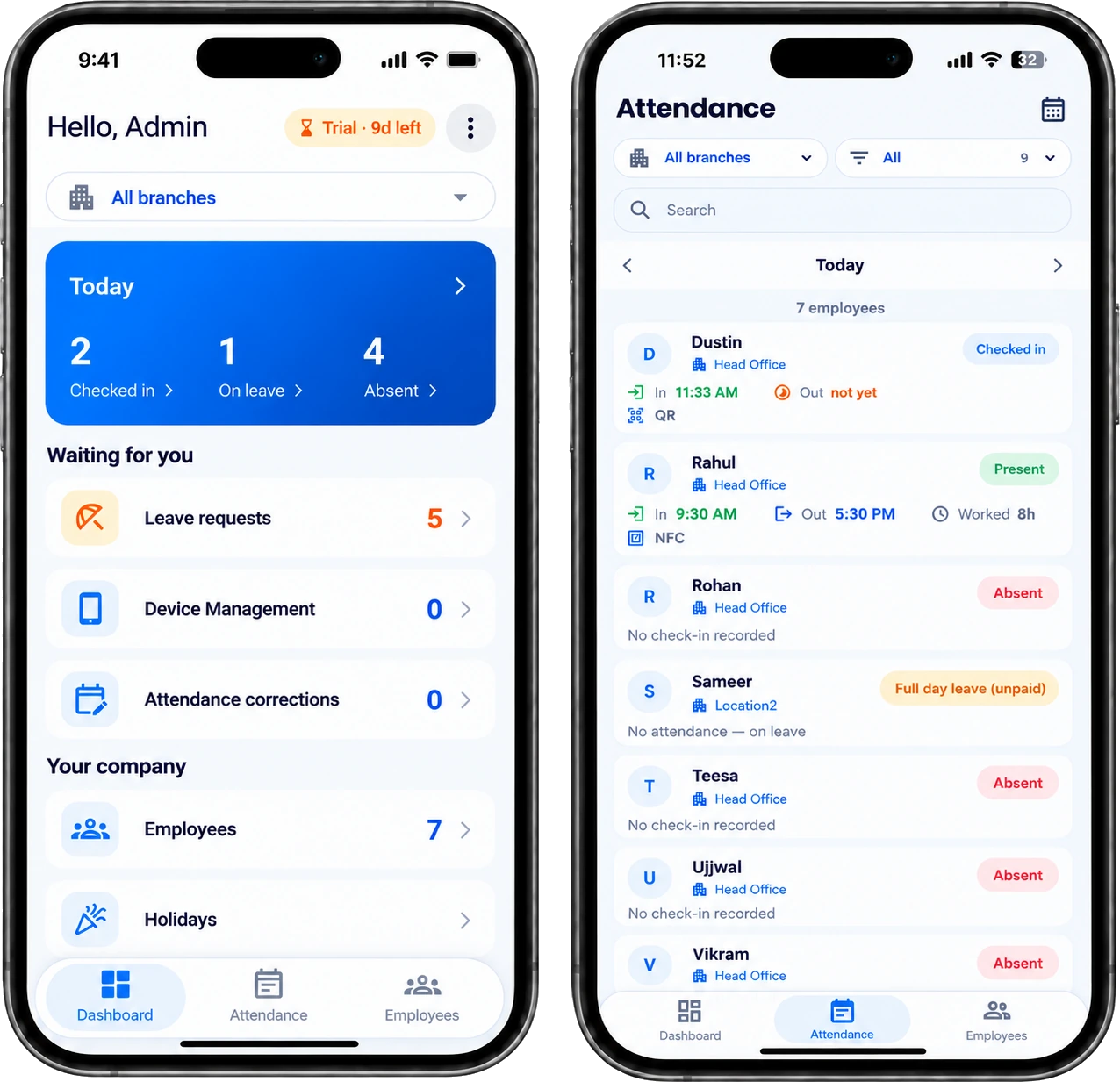 The WorkTap admin app on two phones: a dashboard counting today's check-ins, people on leave and absences with leave, device and correction requests waiting for approval, beside the attendance list for one day showing each employee's branch, check-in and check-out times, method and status.